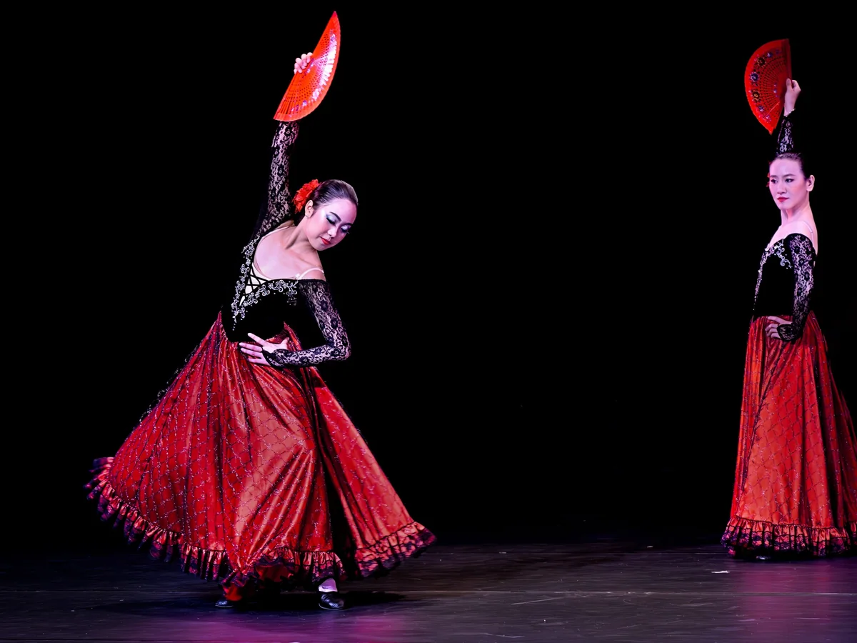 Two flamenco dancers performing on stage