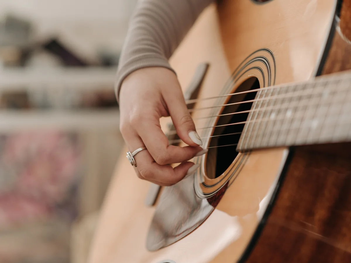 Close-up of a hand playing flamenco guitar